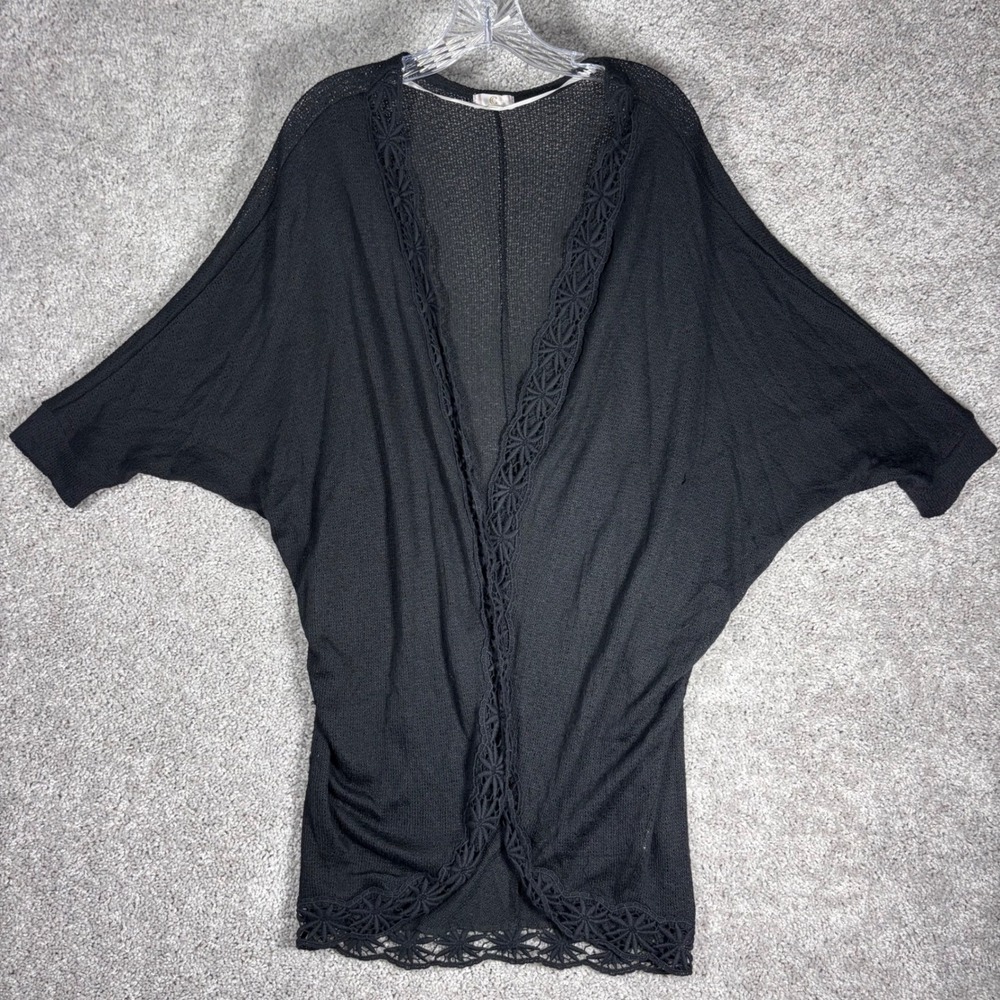 Womens Black Crochet Trim‎ Open Front Kimono Cardigan Sweater Size L